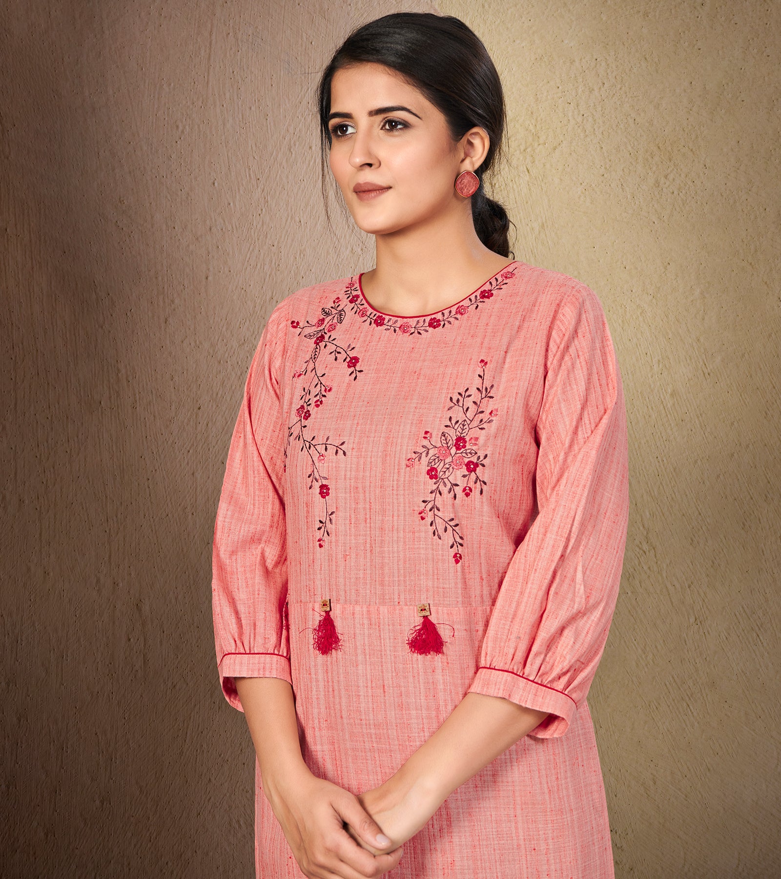 Laxmipati Cotton Peach Pink Straight cut Kurti with Stylish Emb Yoke and Mask
