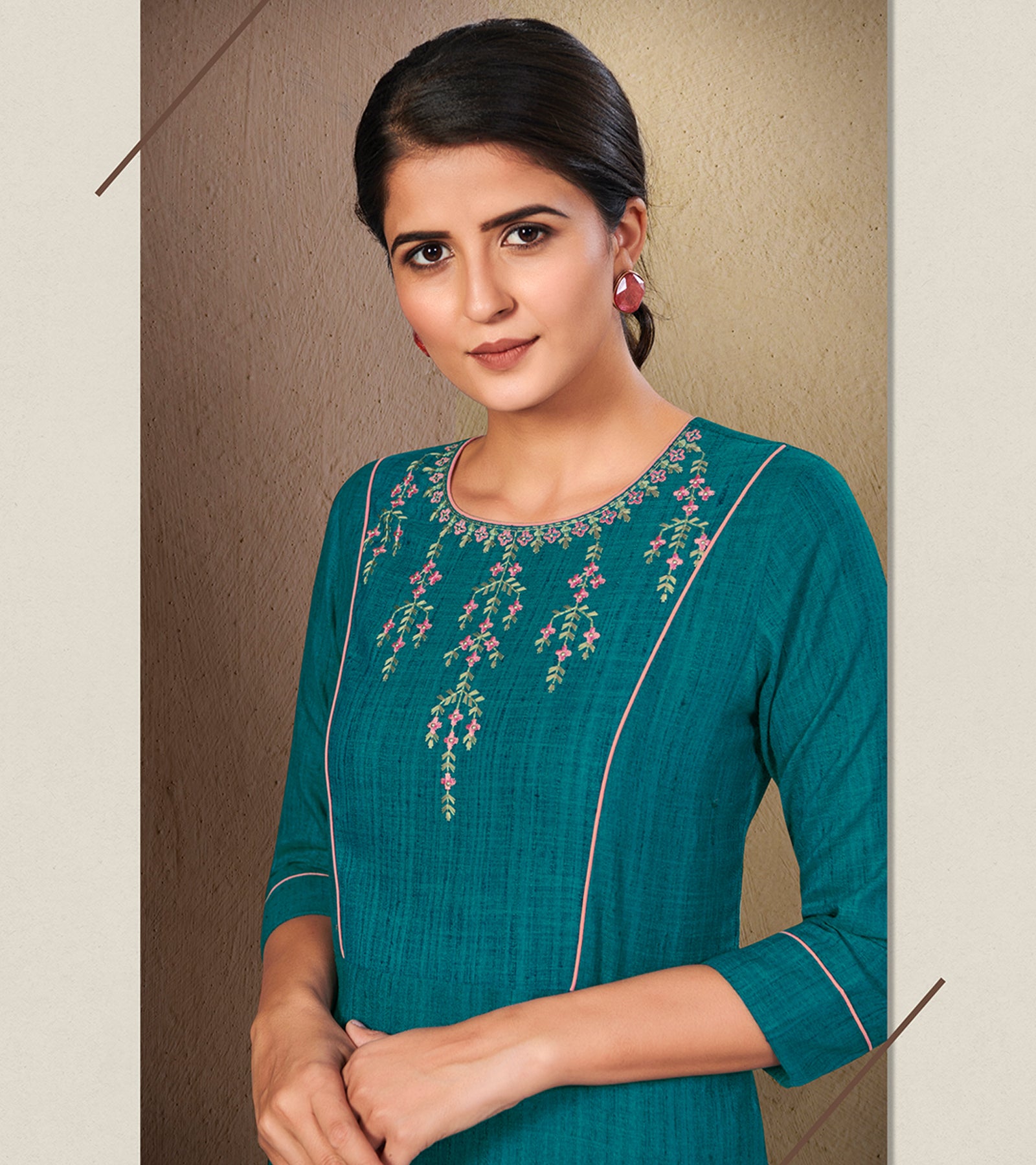 Laxmipati Cotton Ramablue Straight cut Kurti with Stylish Emb Yoke and Mask