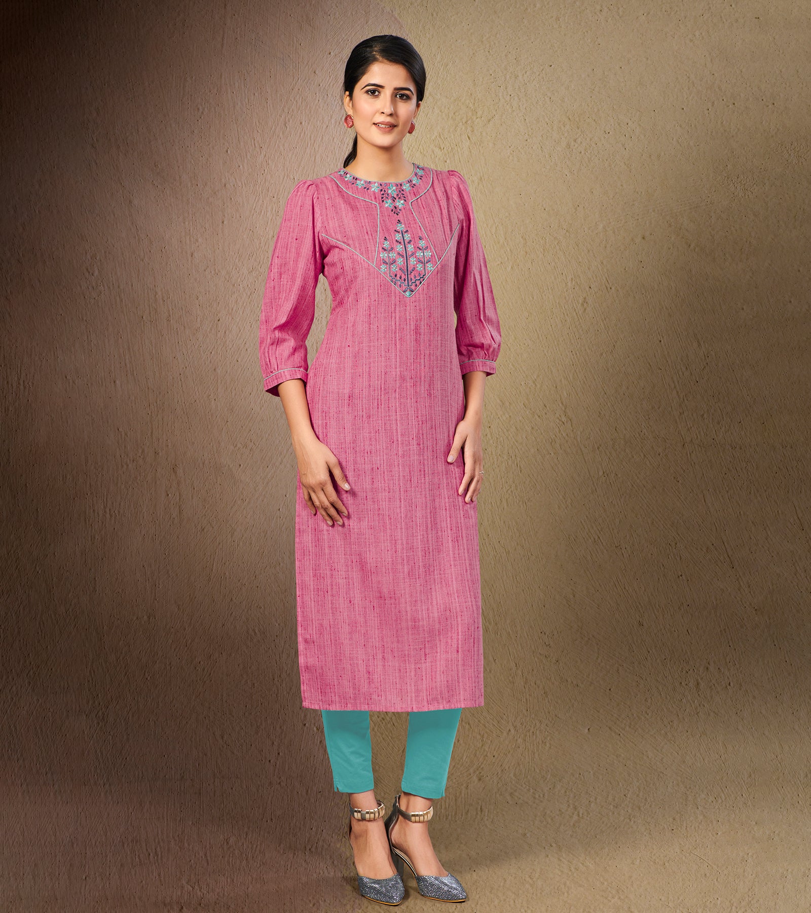 Laxmipati Cotton Slub Pink Straight cut Kurti with Stylish Emb Yoke and Mask
