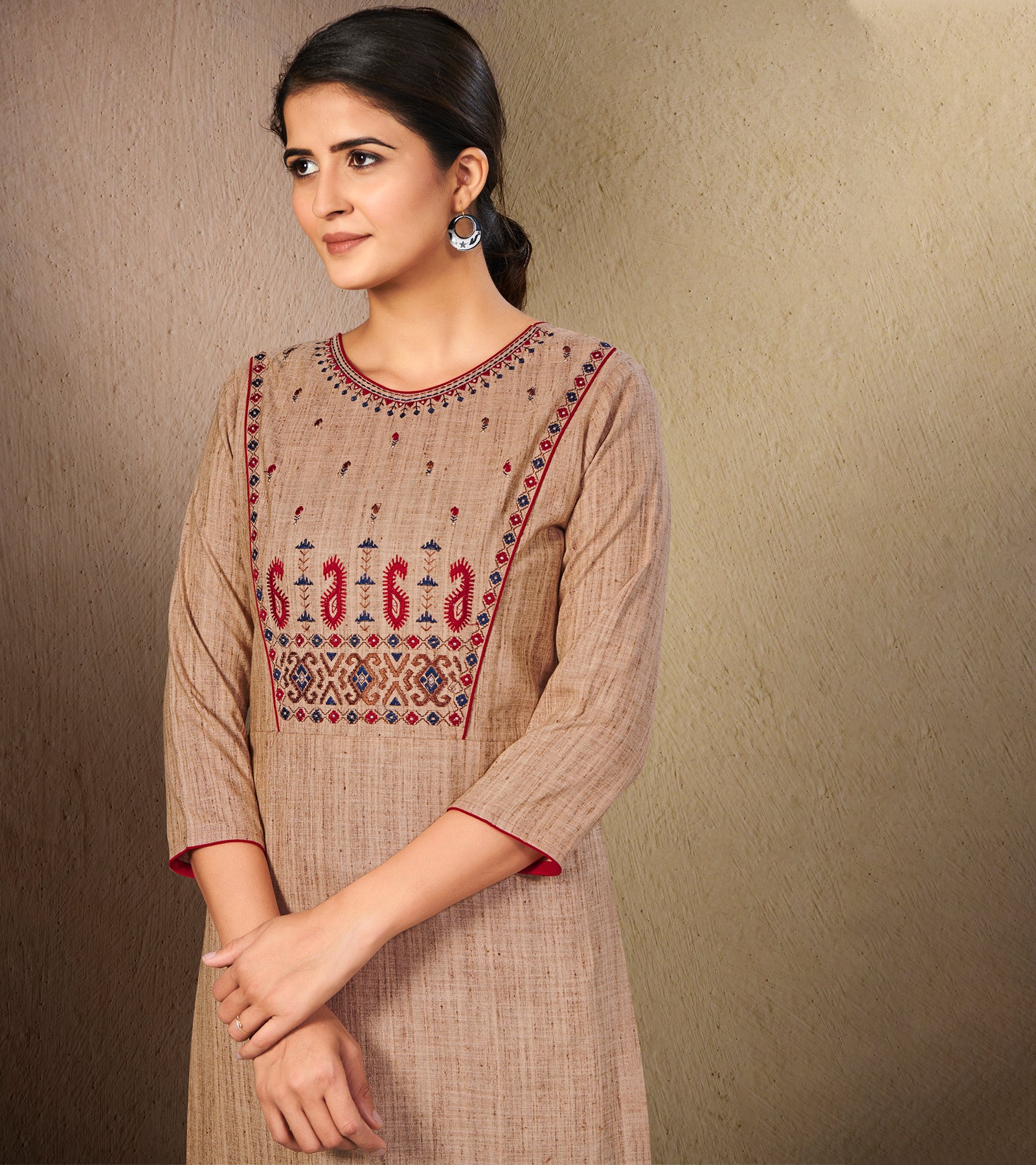 Laxmipati Cotton Chiku Straight cut Kurti with Stylish Emb Yoke and Mask