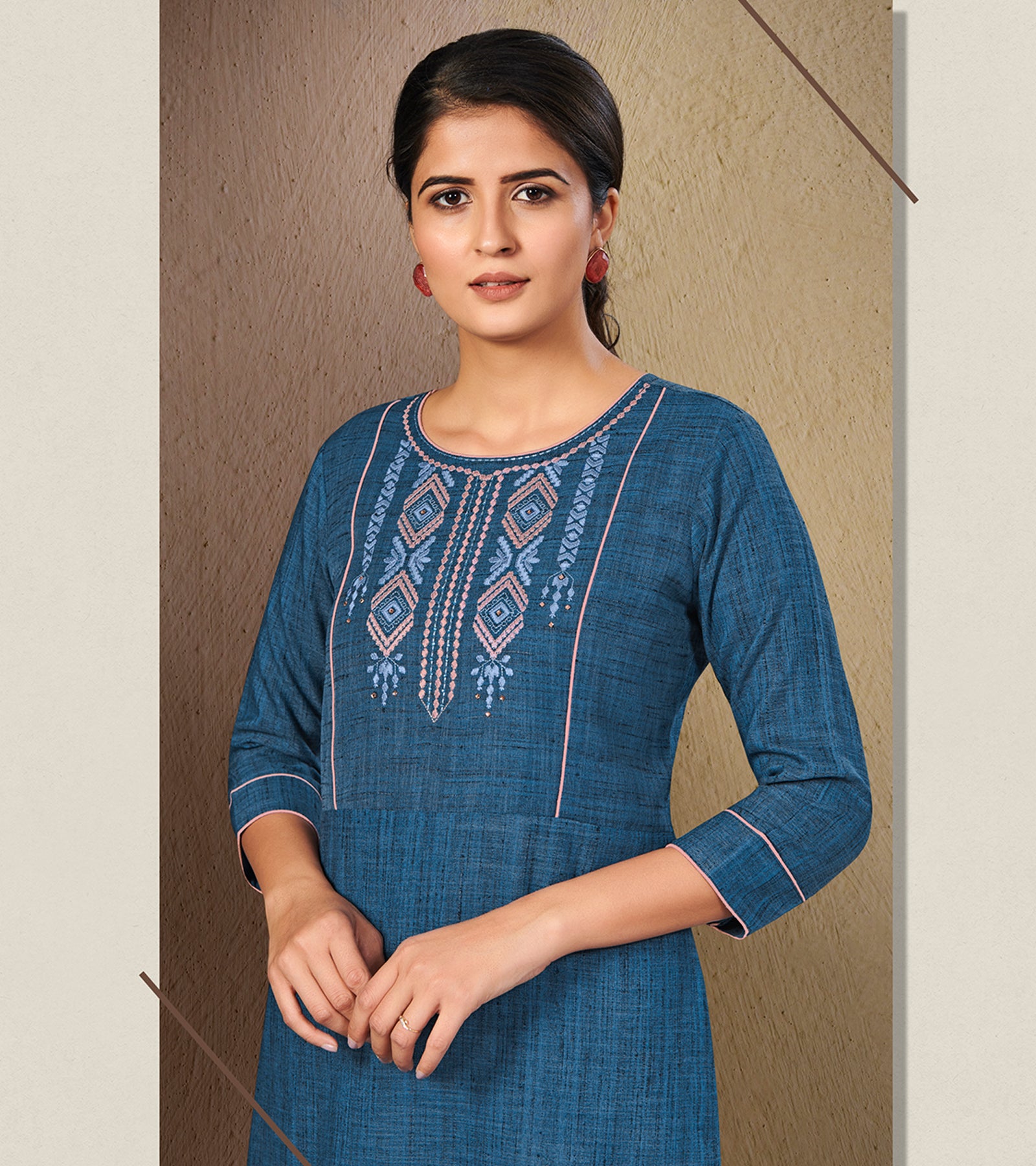 Laxmipati Cotton Cloudu Blue Straight cut Kurti with Stylish Emb Yoke and Mask