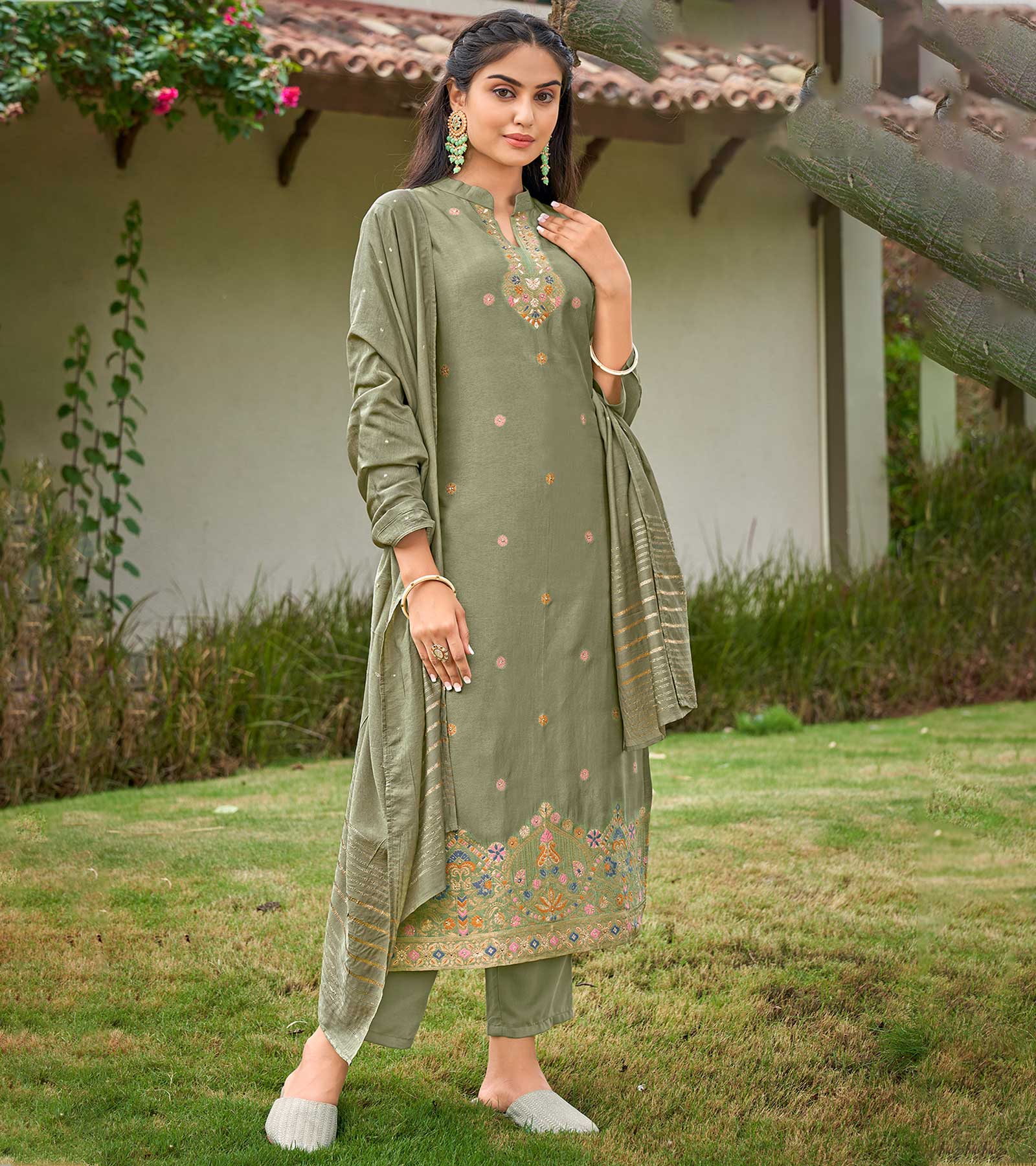 Laxmipati Viscose Mint Green Viscose Jacquard Kurti With Pant & Dupatta