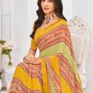 Laxmipati Dil Khushal Floral Printed Georgette Saree in Mustard Color with Unstitched Blouse