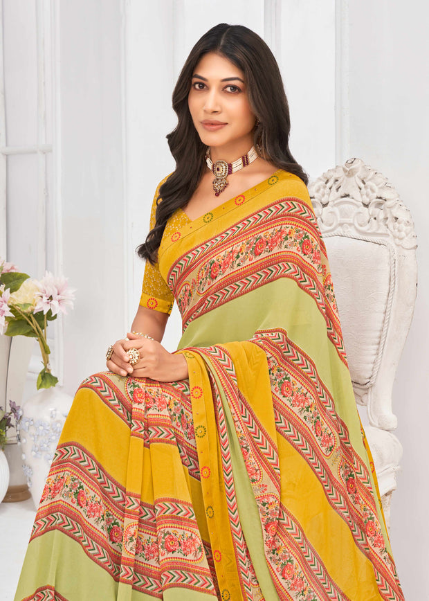 Laxmipati Dil Khushal Floral Printed Georgette Saree in Mustard Color with Unstitched Blouse
