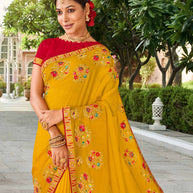 Laxmipati Falooda Floral Embroidered Chiffon Saree in Mustard Color with Unstitched Blouse