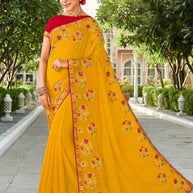 Laxmipati Falooda Floral Embroidered Chiffon Saree in Mustard Color with Unstitched Blouse