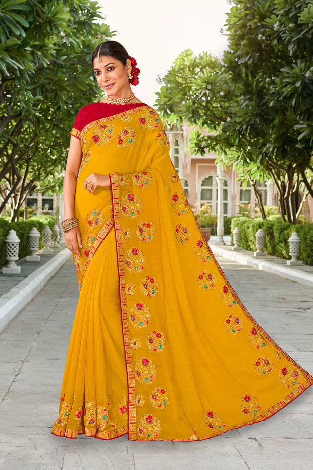 Laxmipati Falooda Floral Embroidered Chiffon Saree in Mustard Color with Unstitched Blouse