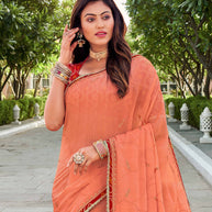 Laxmipati Falooda Floral Embroidered Chiffon Saree in Peach Color with Unstitched Blouse