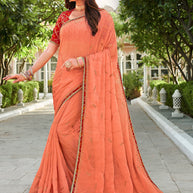 Laxmipati Falooda Floral Embroidered Chiffon Saree in Peach Color with Unstitched Blouse