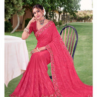 Laxmipati Falooda Floral Embroidered Chiffon Saree in Pink Color with Unstitched Blouse