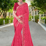 Laxmipati Falooda Floral Embroidered Chiffon Saree in Pink Color with Unstitched Blouse