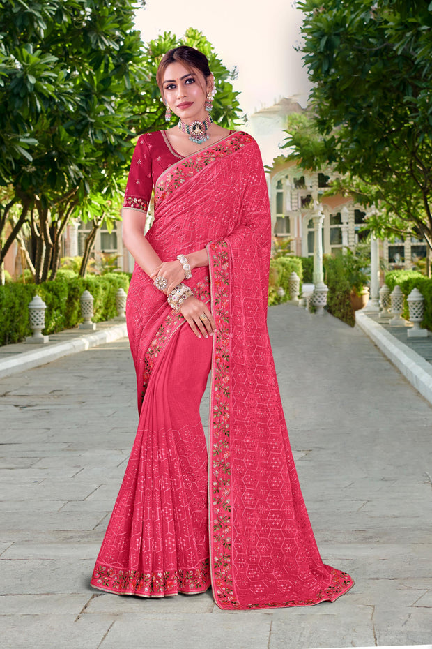 Laxmipati Falooda Floral Embroidered Chiffon Saree in Pink Color with Unstitched Blouse