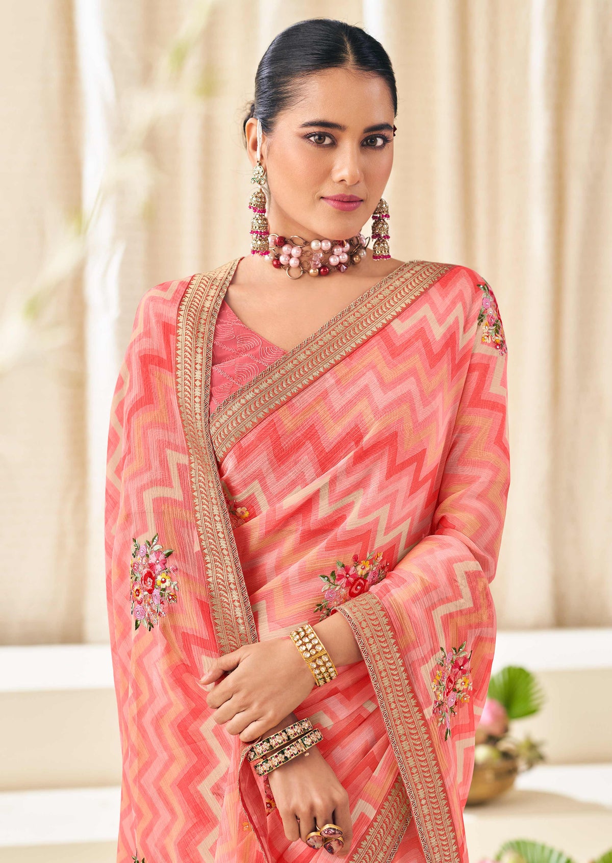Peach Chiffon Saree with Wavy Print with Floral Embroidery - Aleena