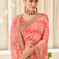 Peach Chiffon Saree with Wavy Print with Floral Embroidery - Aleena