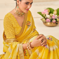 Yellow Chiffon Saree with Wavy Print with Floral Embroidery - Aleena