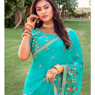 Laxmipati Falooda Floral Embroidered along with Stone Work Chiffon Saree in Sky Blue Color with Unstitched Blouse
