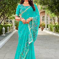 Laxmipati Falooda Floral Embroidered along with Stone Work Chiffon Saree in Sky Blue Color with Unstitched Blouse