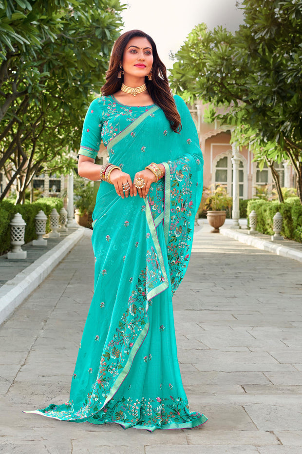 Laxmipati Falooda Floral Embroidered along with Stone Work Chiffon Saree in Sky Blue Color with Unstitched Blouse