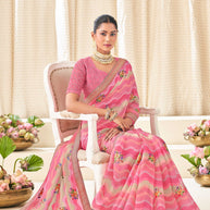 Pink Chiffon Saree with Wavy Print with Floral Embroidery - Aleena