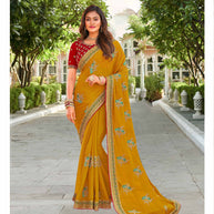 Laxmipati Falooda Peacock Motifs Embroidered Chiffon Saree with Ochre Yellow with Unstitched Blouse