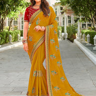 Laxmipati Falooda Peacock Motifs Embroidered Chiffon Saree with Ochre Yellow with Unstitched Blouse