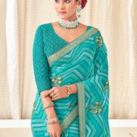 Sky Blue Chiffon Saree with Wavy Print with Floral Embroidery - Aleena