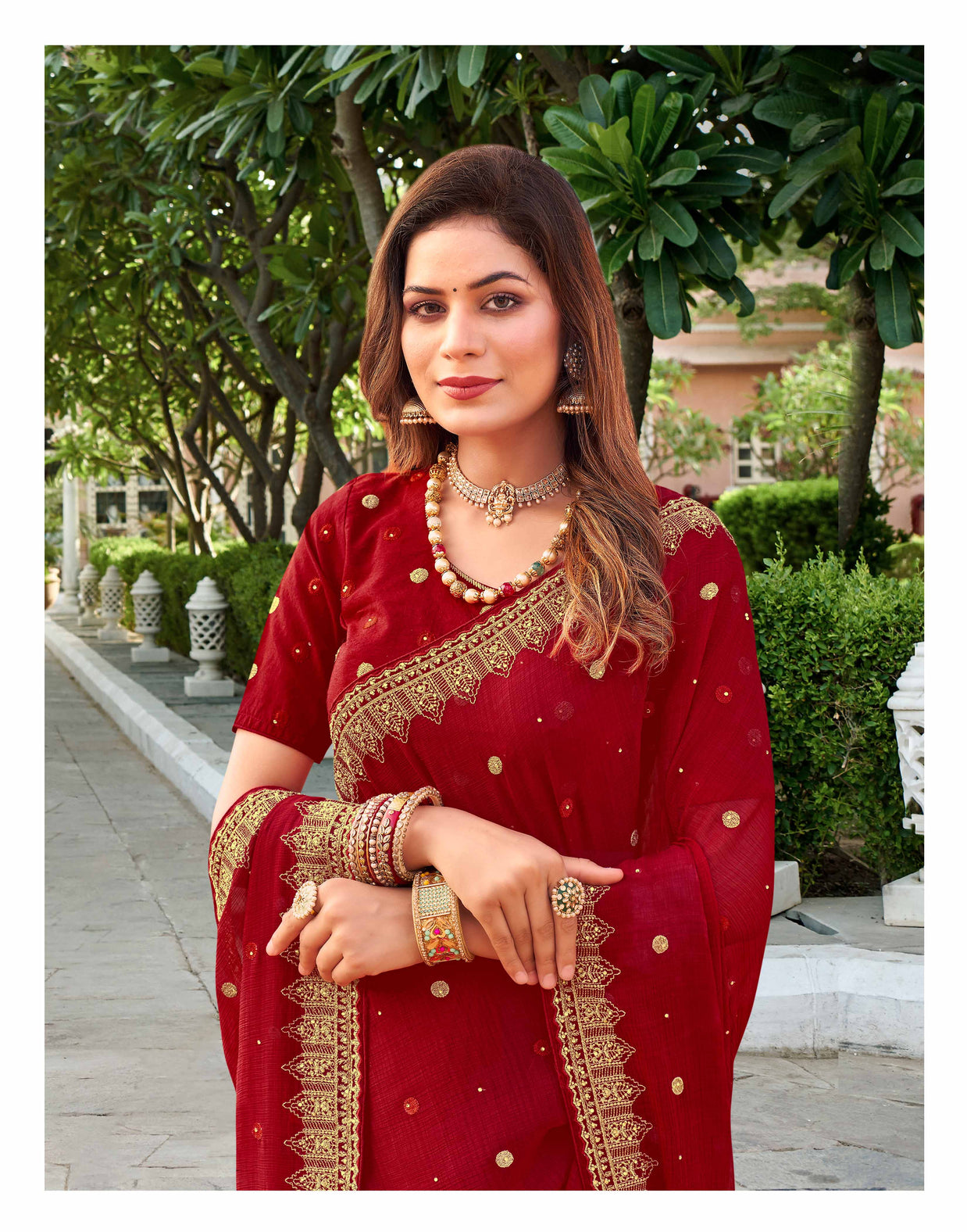 Laxmipati Falooda Geometric Embroidered along with zari and Stone Work Chiffon Saree in Red Color with Unstitched Blouse