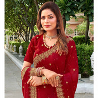 Laxmipati Falooda Geometric Embroidered along with zari and Stone Work Chiffon Saree in Red Color with Unstitched Blouse