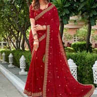 Laxmipati Falooda Geometric Embroidered along with zari and Stone Work Chiffon Saree in Red Color with Unstitched Blouse
