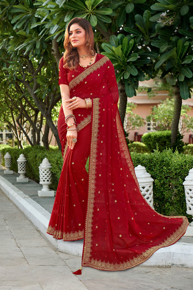 Laxmipati Falooda Geometric Embroidered along with zari and Stone Work Chiffon Saree in Red Color with Unstitched Blouse