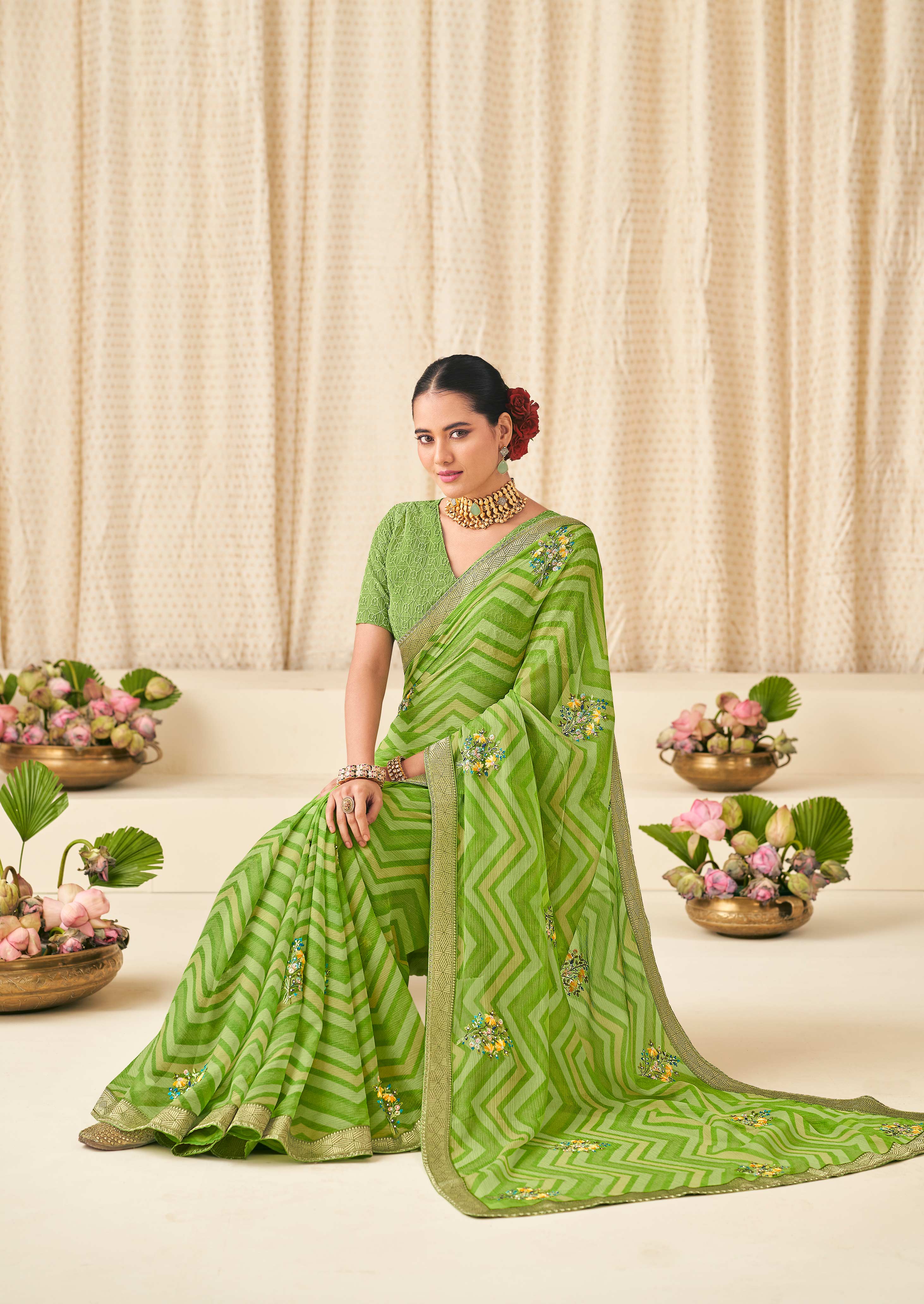 Green Chiffon Saree with Wavy Print with Floral Embroidery - Aleena