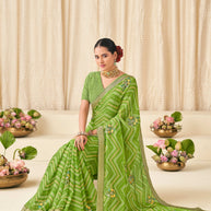 Green Chiffon Saree with Wavy Print with Floral Embroidery - Aleena