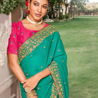 Laxmipati Falooda Floral Zari Embroidered Chiffon Saree in Teal Blue Color with Unstitched Blouse