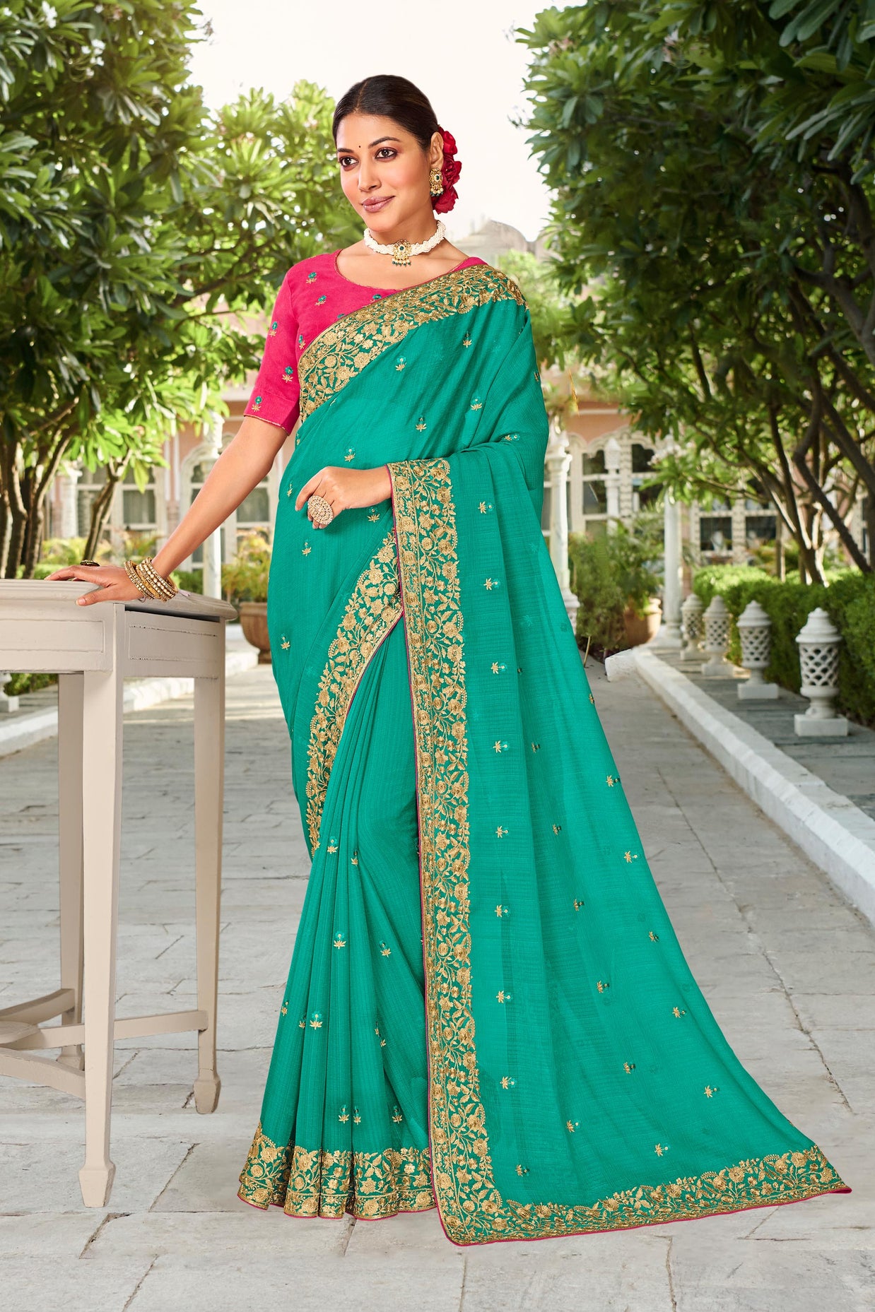 Laxmipati Falooda Floral Zari Embroidered Chiffon Saree in Teal Blue Color with Unstitched Blouse