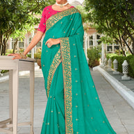 Laxmipati Falooda Floral Zari Embroidered Chiffon Saree in Teal Blue Color with Unstitched Blouse