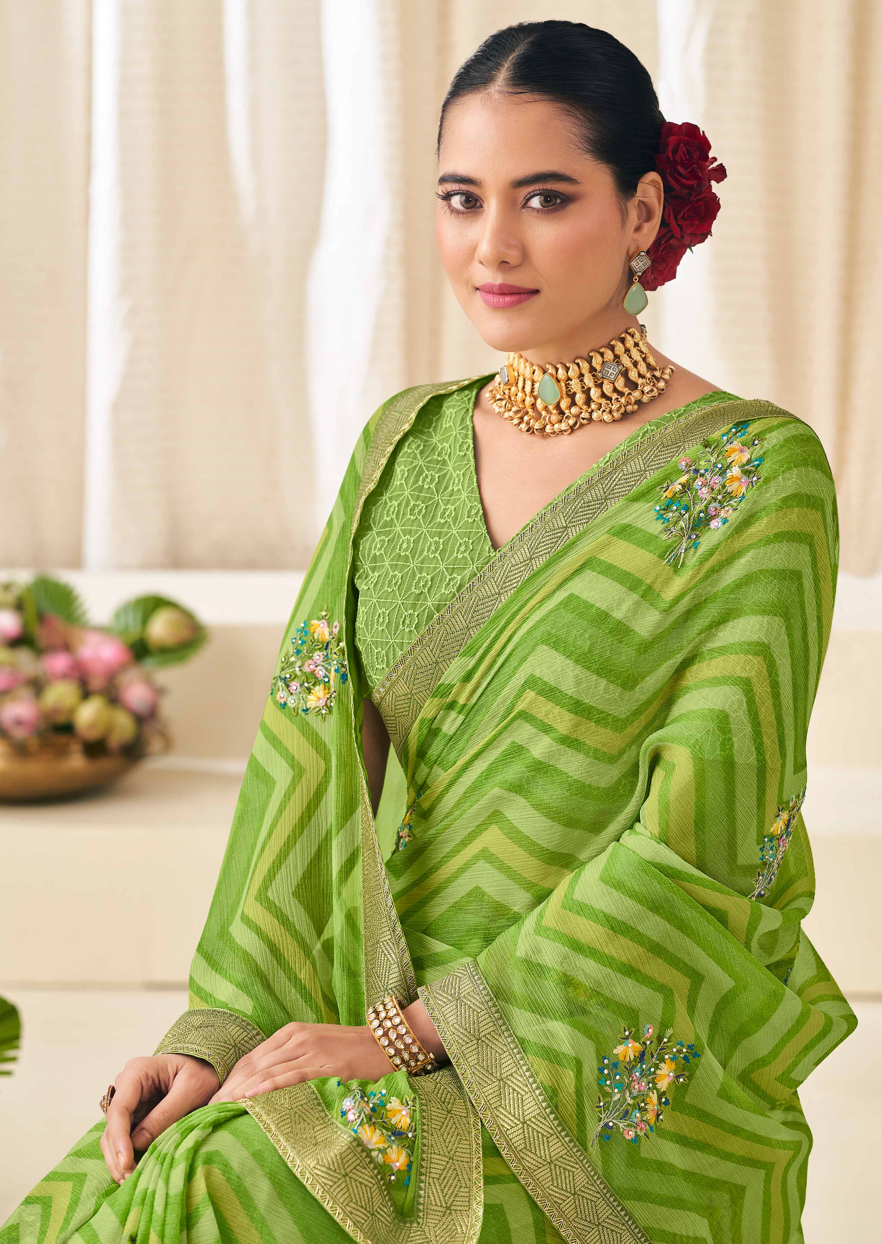 Green Chiffon Saree with Wavy Print with Floral Embroidery - Aleena