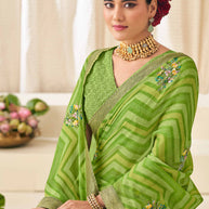Green Chiffon Saree with Wavy Print with Floral Embroidery - Aleena