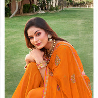 Laxmipati Falooda Floral Embroidered Chiffon Saree in Orange Color with Unstitched Blouse