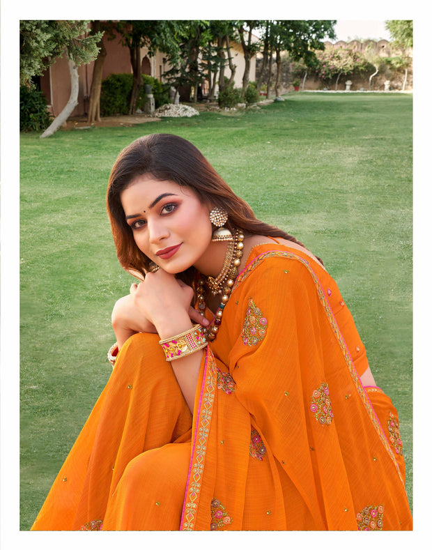 Laxmipati Falooda Floral Embroidered Chiffon Saree in Orange Color with Unstitched Blouse