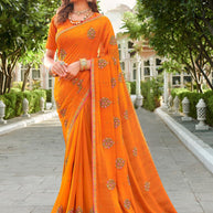 Laxmipati Falooda Floral Embroidered Chiffon Saree in Orange Color with Unstitched Blouse