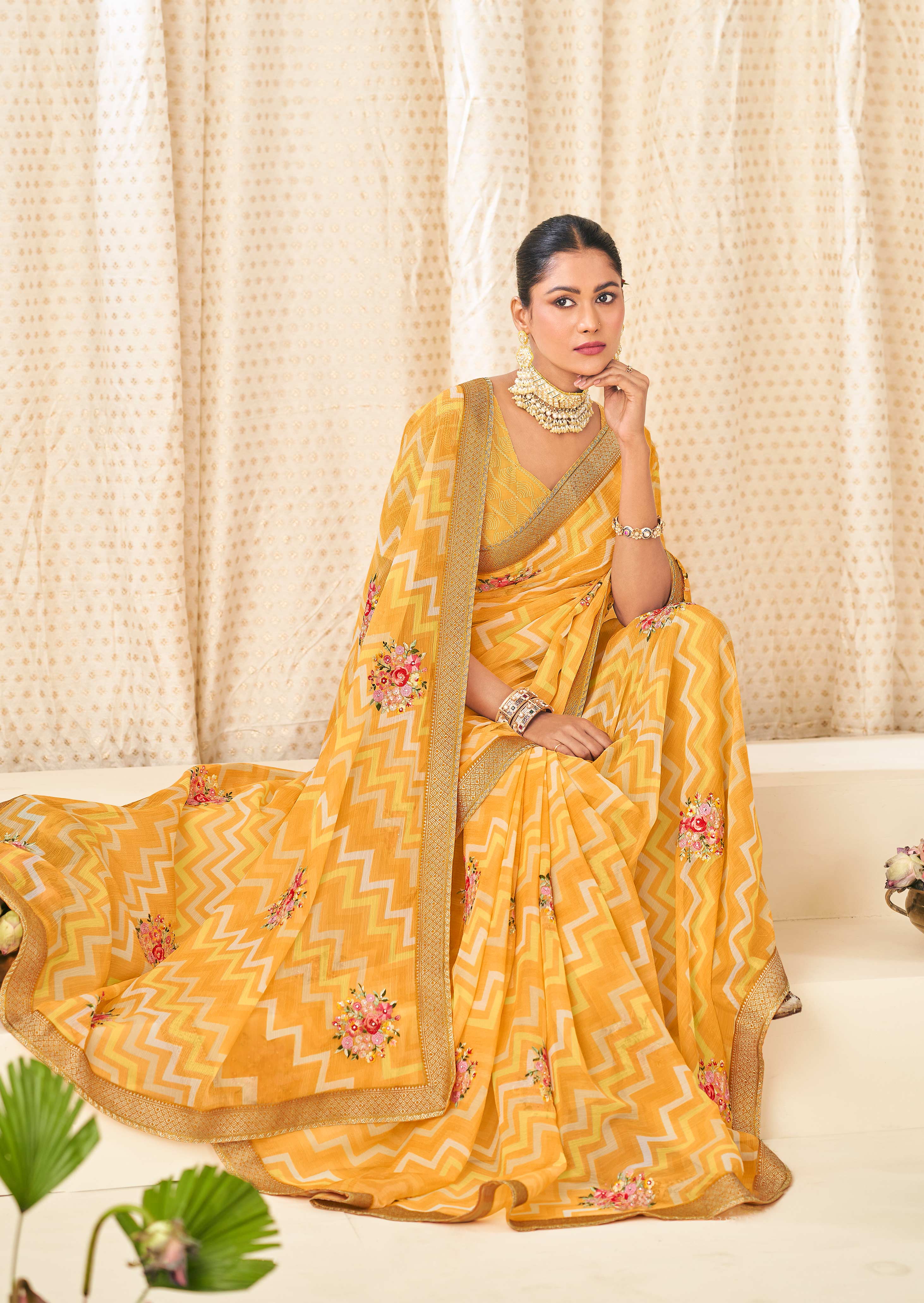 Mustard Chiffon Saree with Wavy Print with Floral Embroidery - Aleena