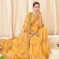Mustard Chiffon Saree with Wavy Print with Floral Embroidery - Aleena