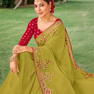 Laxmipati Falooda Floral Embroidered Chiffon Saree in Lime Green Color with Unstitched Blouse