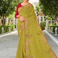 Laxmipati Falooda Floral Embroidered Chiffon Saree in Lime Green Color with Unstitched Blouse