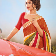 Striped Printed Chiffon Saree in Multicolor with Unstitched Blouse.