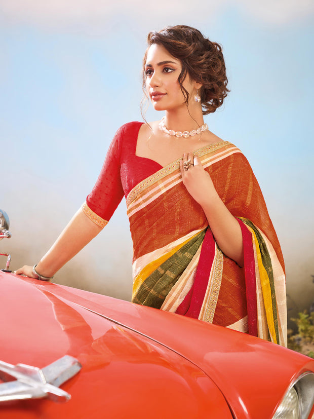 Striped Printed Chiffon Saree in Multicolor with Unstitched Blouse.