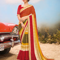 Striped Printed Chiffon Saree in Multicolor with Unstitched Blouse.