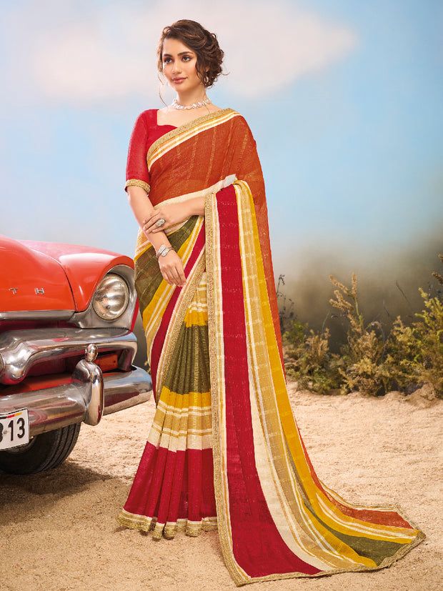 Striped Printed Chiffon Saree in Multicolor with Unstitched Blouse.