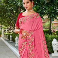 Laxmipati Falooda Floral Embroidered Chiffon Saree in Pink Color with Unstitched Blouse