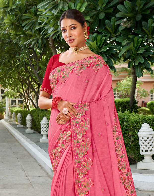 Laxmipati Falooda Floral Embroidered Chiffon Saree in Pink Color with Unstitched Blouse